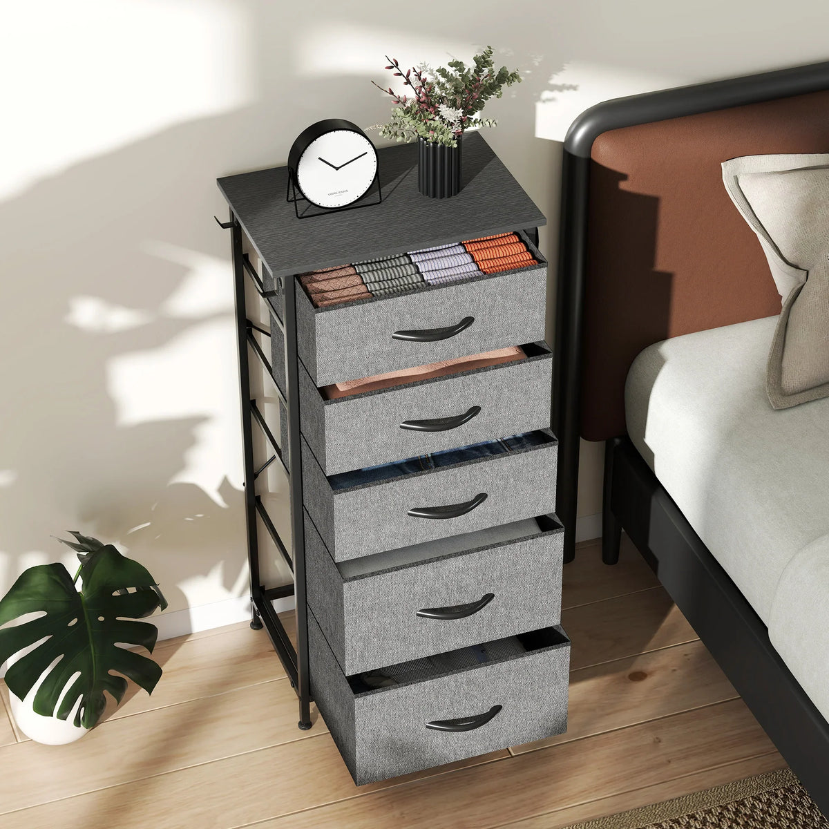 Charcoal grey 5-drawer fabric chest with side pocket and curved metal drawer handles