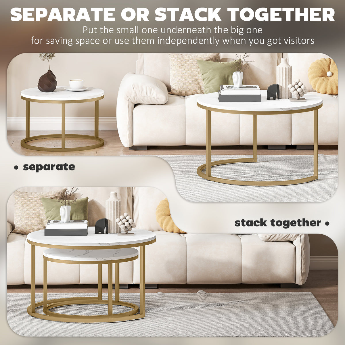 Two round nesting coffee tables with marble-look tops and gold metal frames
