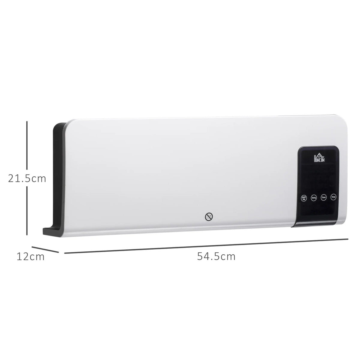 White wall-mounted heater shown in side view with length and width measurements