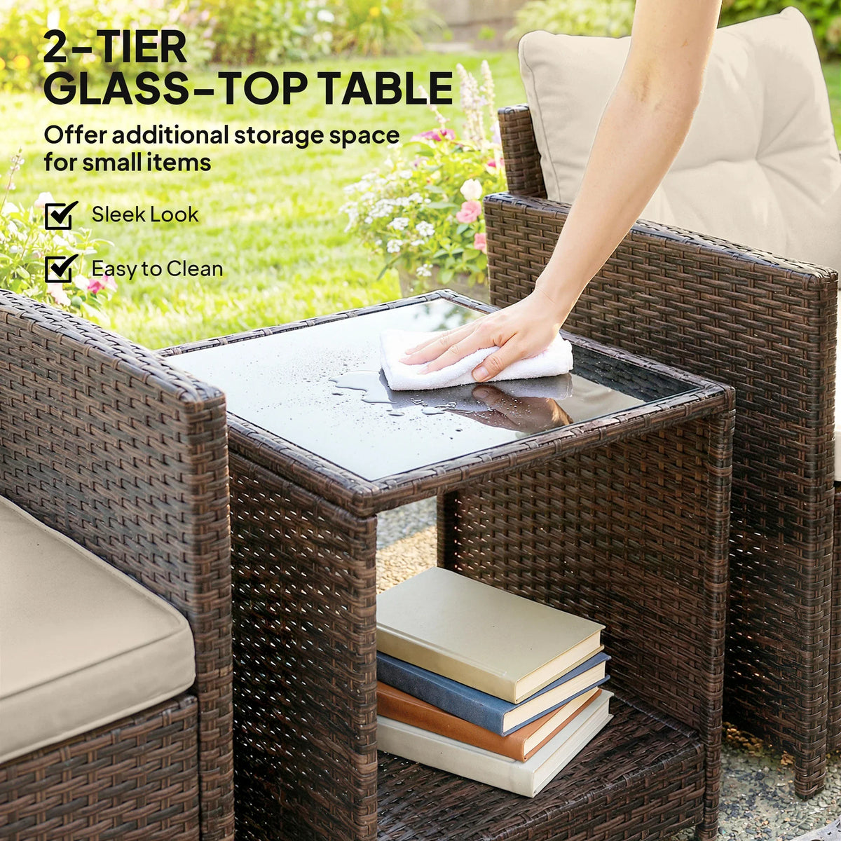 Dark brown rattan glass-top table with lower shelf beside beige cushioned seat