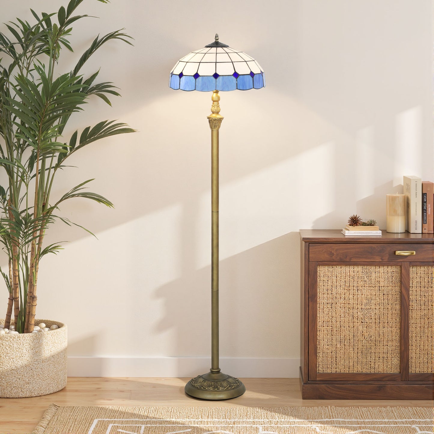 HOMCOM Tiffany Style Floor Lamp With Stained Glass Shade 152cm Tall Foot Switch Dual Sockets Bronze Blue Living Room