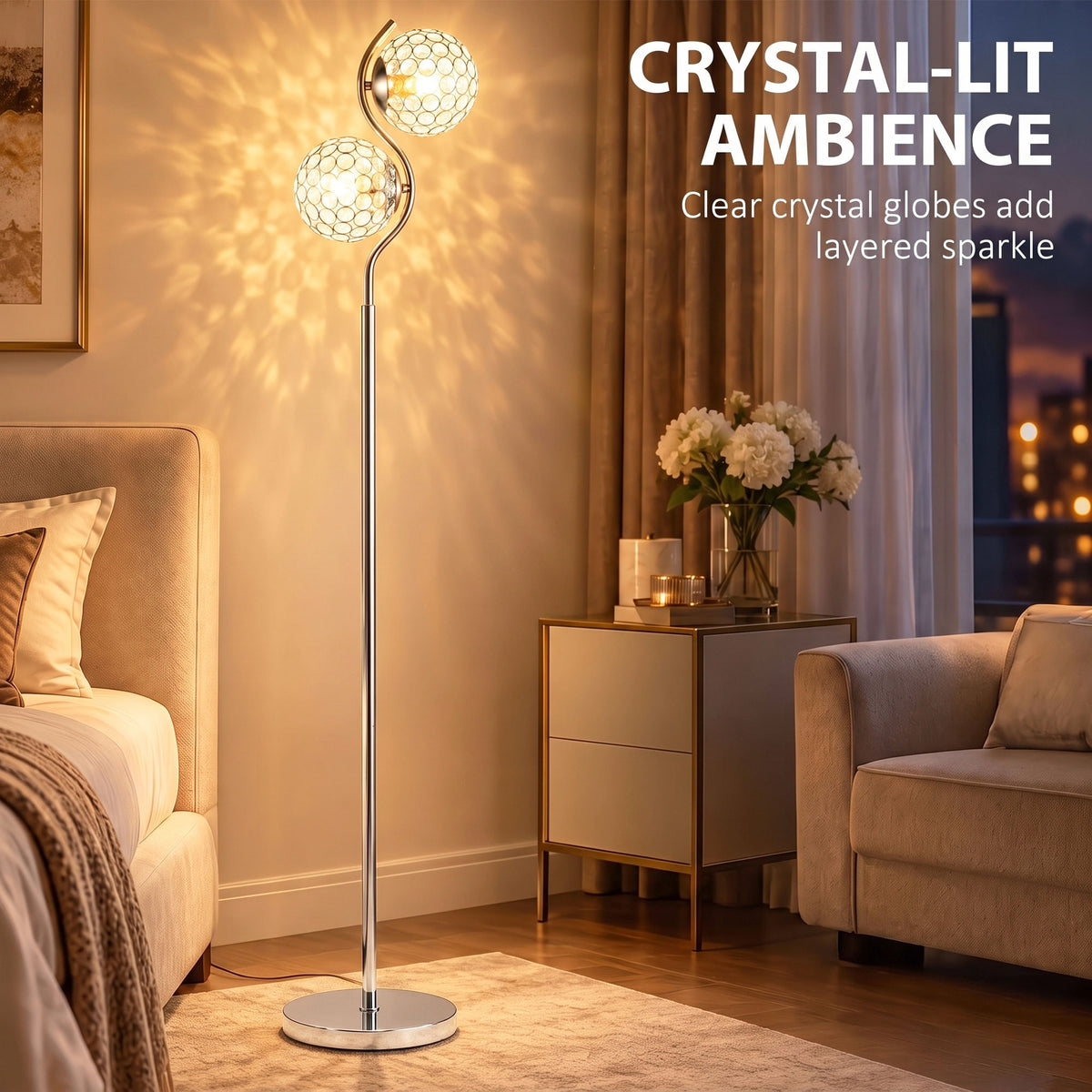 Silver floor lamp with two illuminated crystal globe shades and a round weighted base.