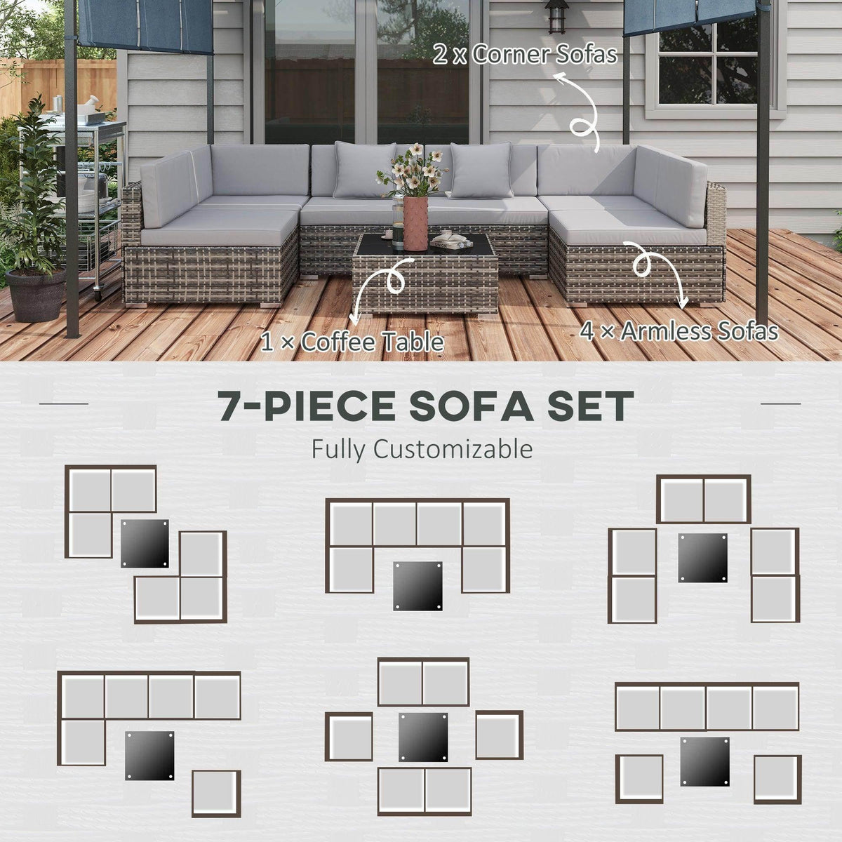 7-piece grey PE rattan corner sofa set with light grey cushions and glass coffee table