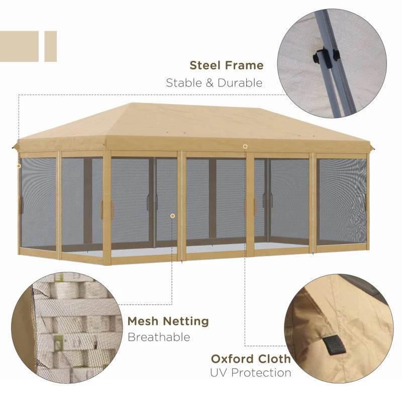 Beige pop-up gazebo canopy with steel frame, gray mesh walls, and Oxford cloth roof