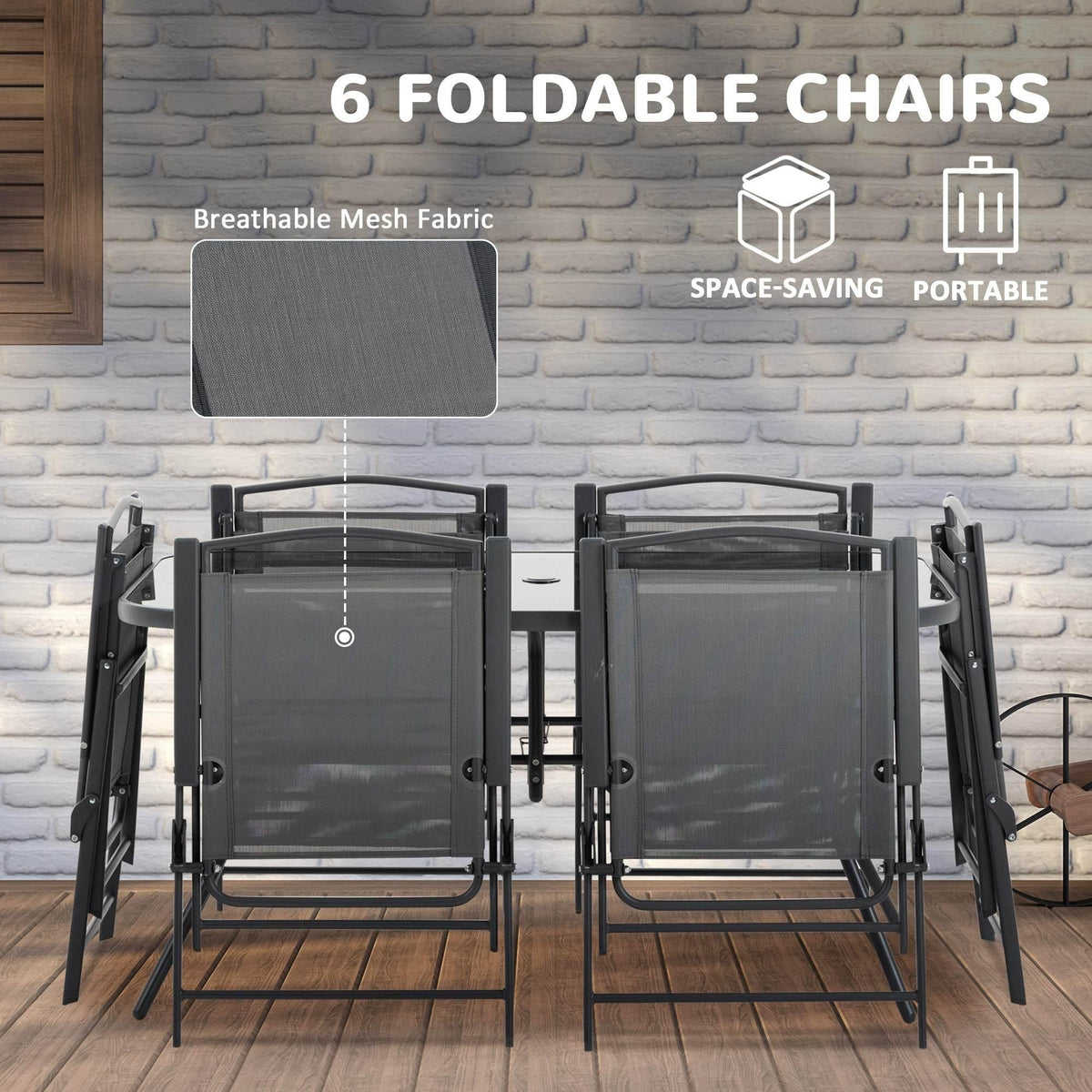 Six foldable patio chairs with dark mesh fabric and black metal frames