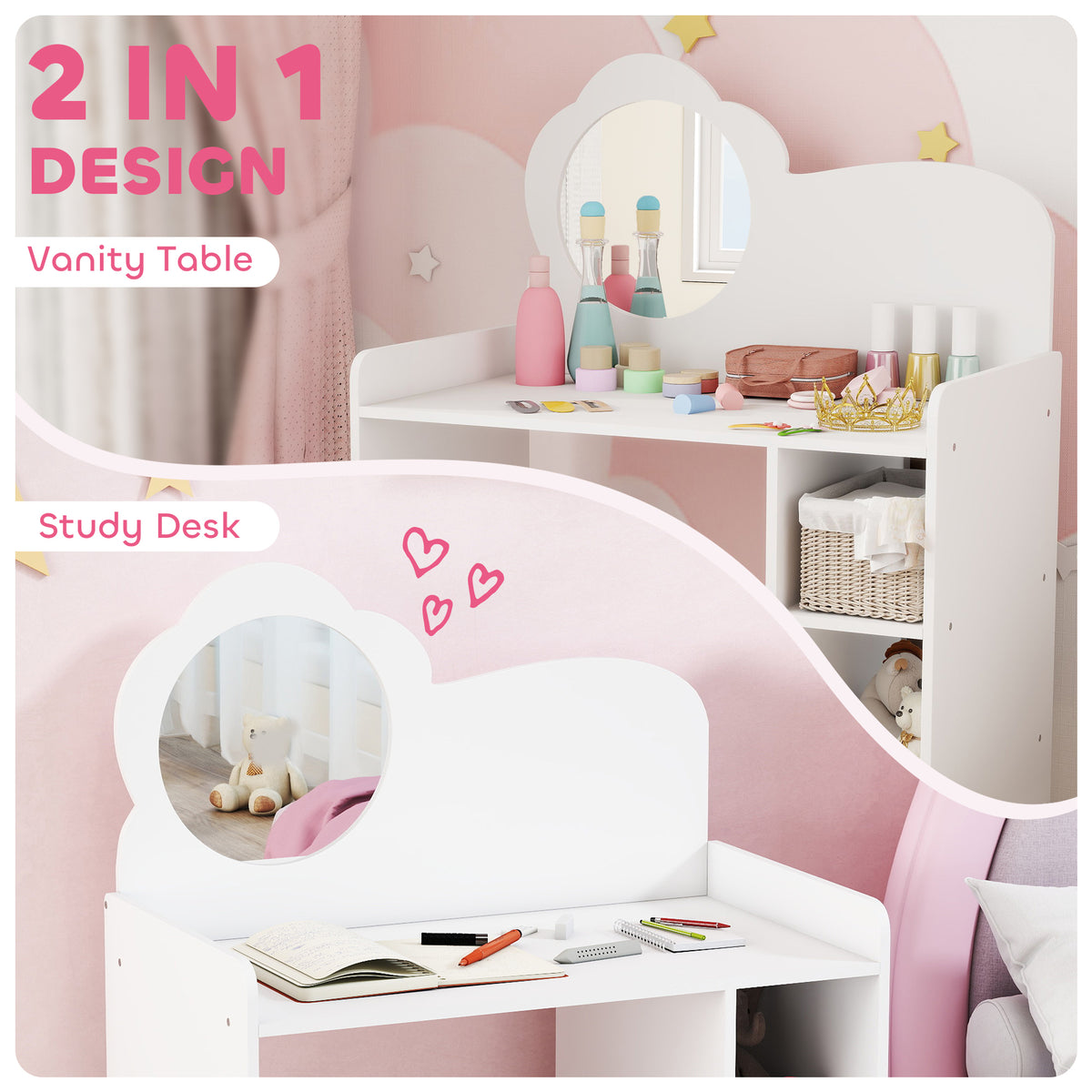 White kids vanity table with round mirror, open shelves, and desk surface