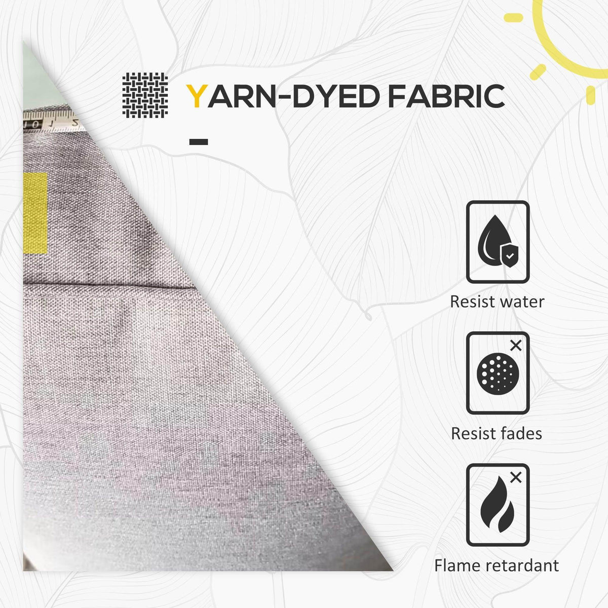 Grey outdoor cushion fabric with yarn-dyed look on rattan patio furniture