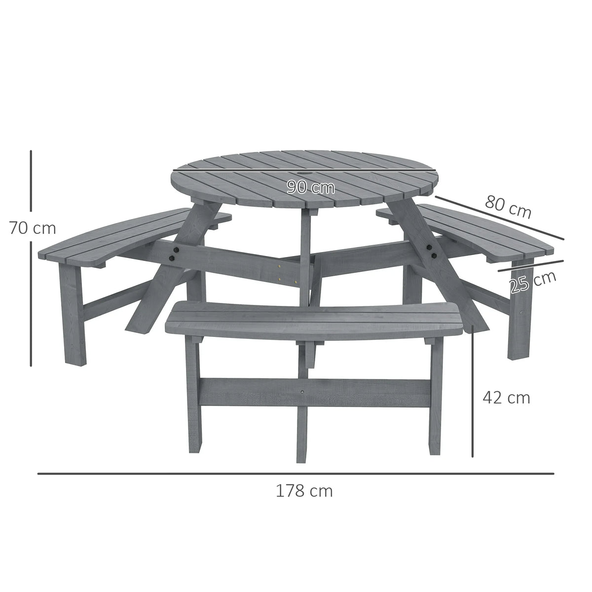 Grey round outdoor dining table with slatted top, benches, and parasol hole (size)