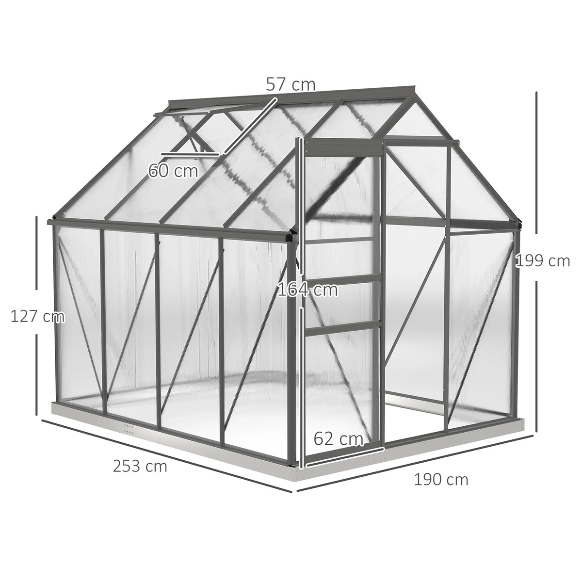 Polycarbonate greenhouse with dark grey frame, front door and metal cross braces