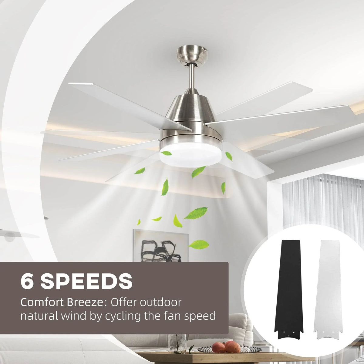 Silver LED ceiling fan with five blades and bright circular light, flush-mount style