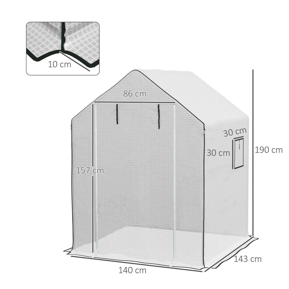 White PE walk-in greenhouse cover, size 140 x 143 x 190 cm (diagram view)