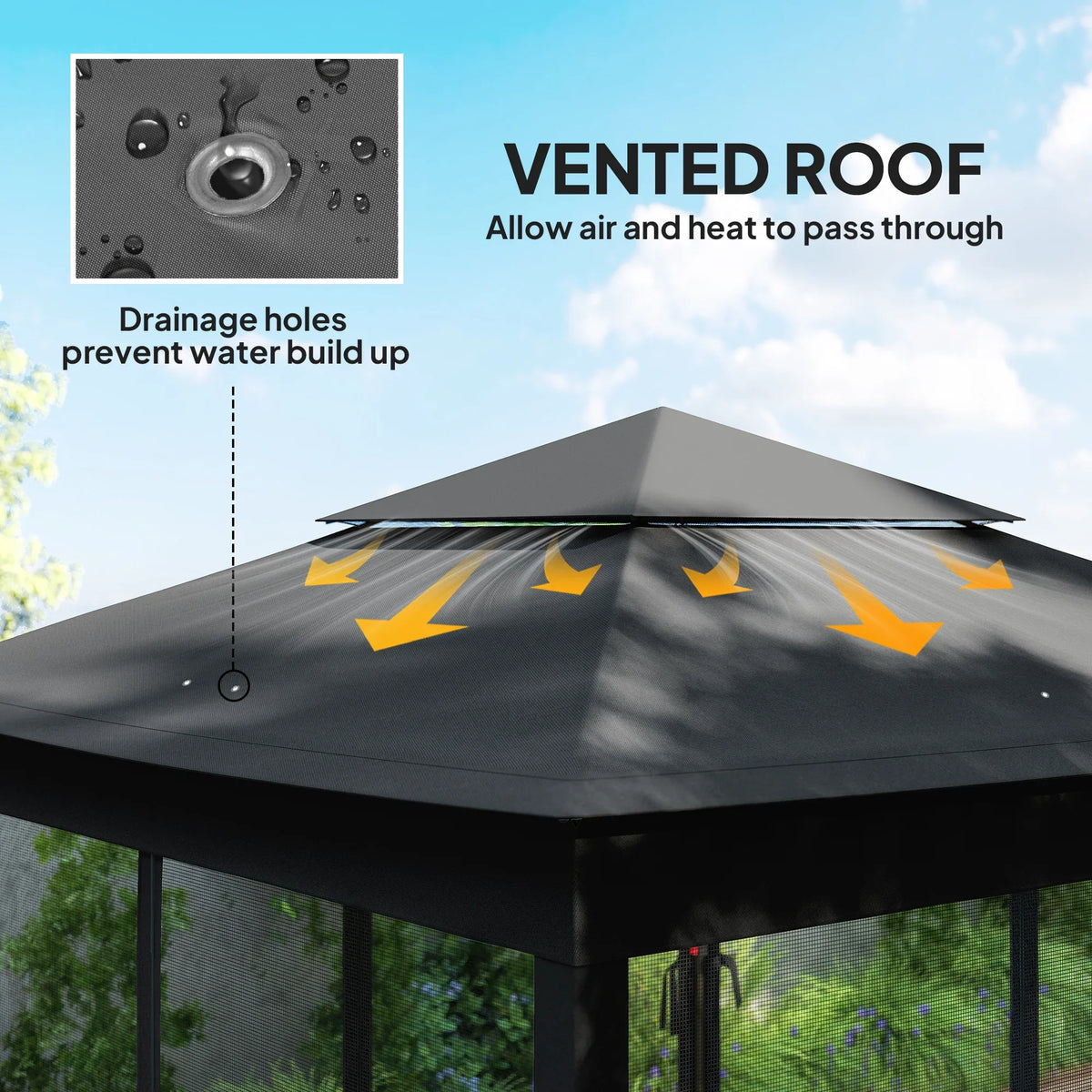 Black pop-up gazebo with double-tier roof and mesh side curtains, close-up view