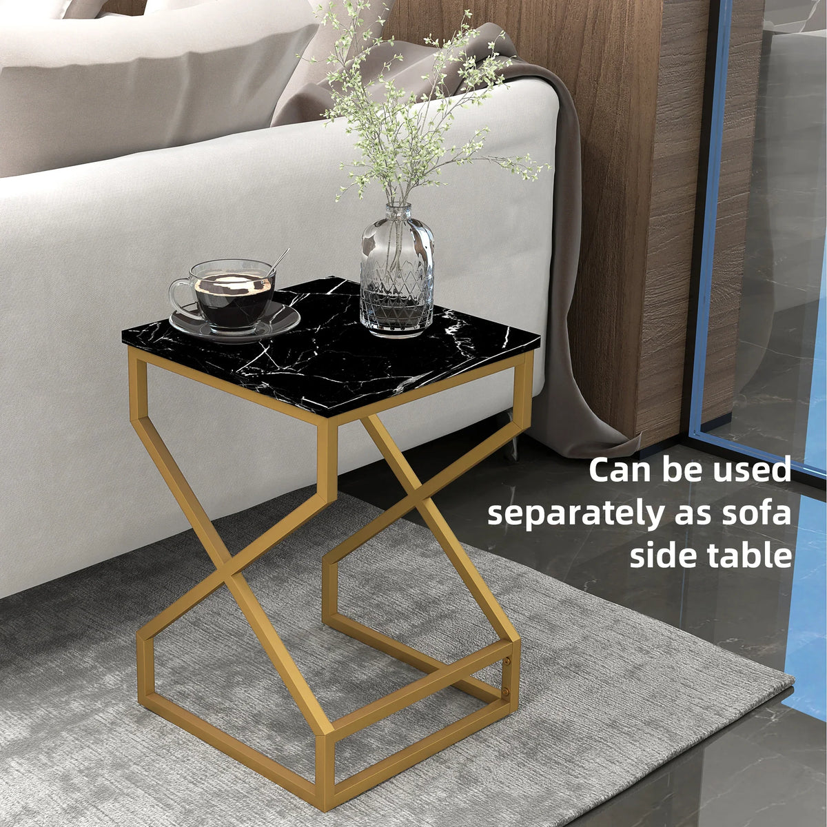 Marble-effect nesting side tables with black marble-like top and gold X-shaped base