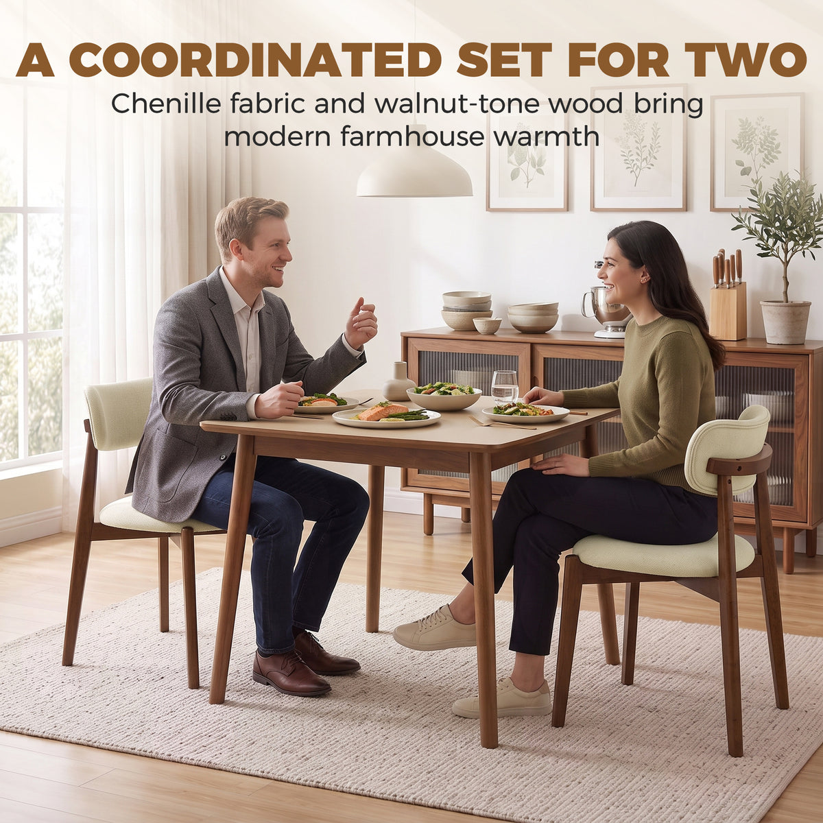 Beige chenille dining chair set of 2 with cushioned seats and curved backs