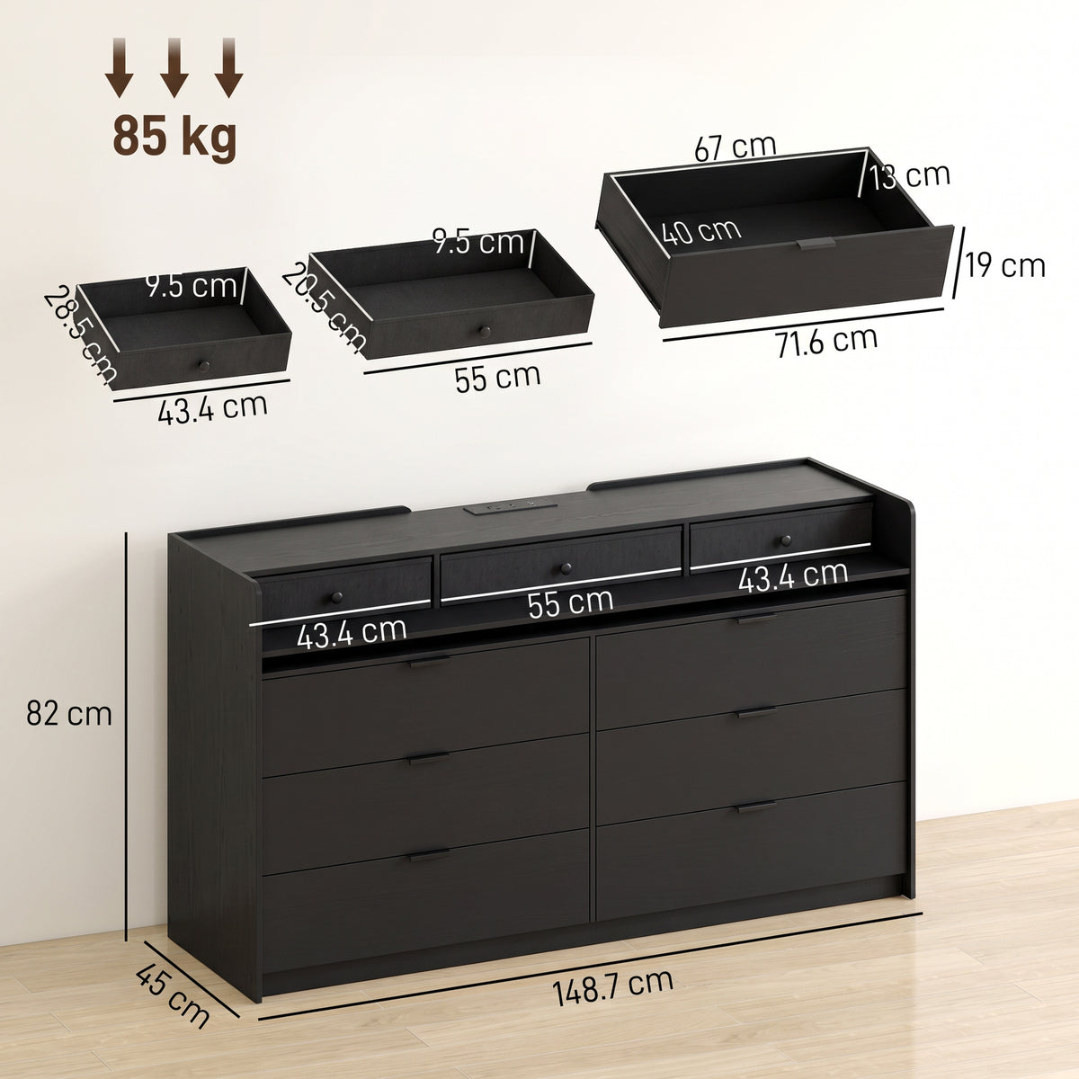 Black TV stand with drawer dimensions shown and compact storage layout
