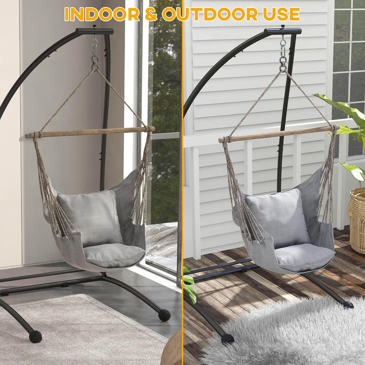 Black hammock chair stand with hanging rope chair seat and arched support frame