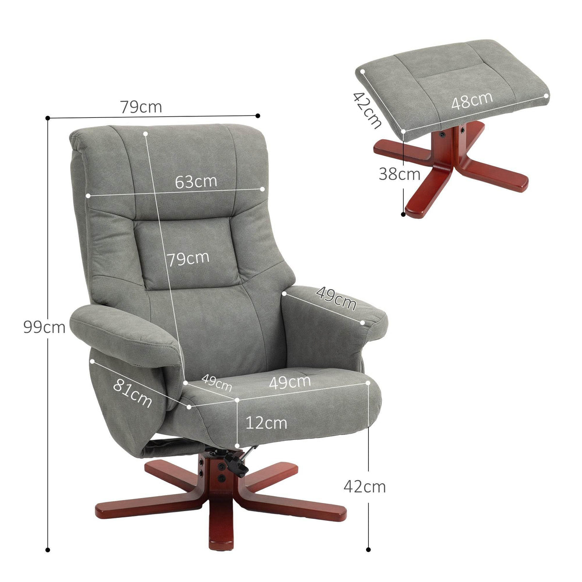 Grey recliner chair with footrest, shown with product dimensions and measurements.