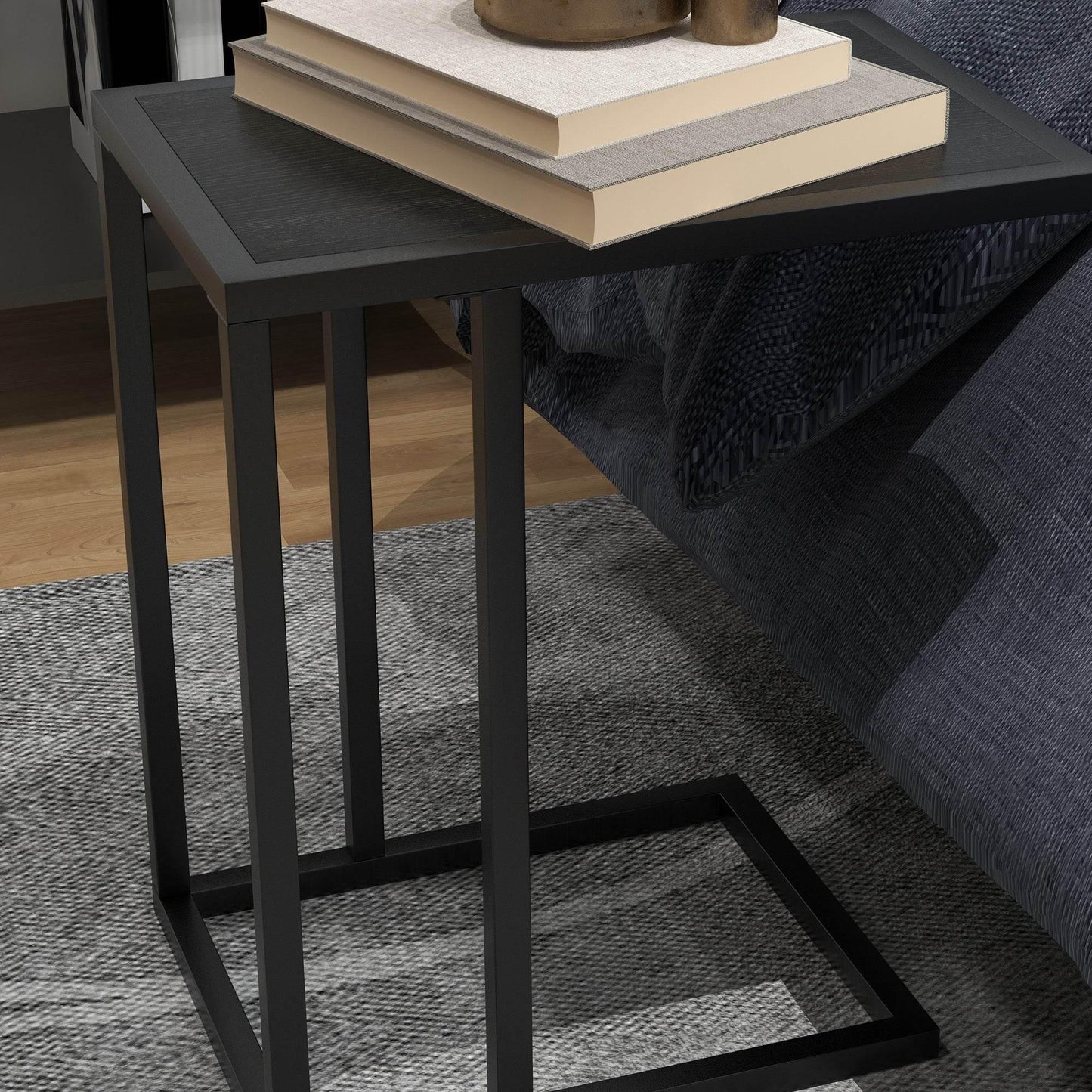 HOMCOM Modern C-Shaped Black Bedside Table with Metal Frame and Wood-Effect Top for Living Room - ALL4U RETAILER LTD