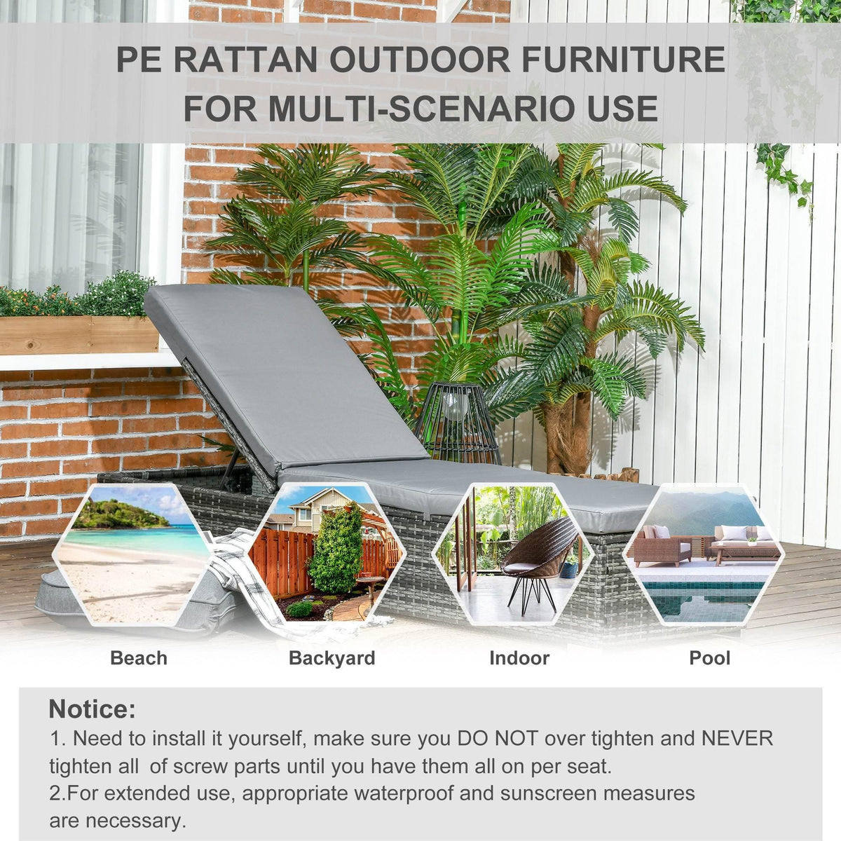 Outdoor reclining lounger set with grey cushions and dark woven rattan frames