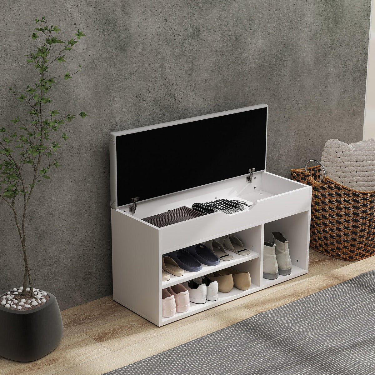 Cream shoes cabinet bench with padded seat, open hidden compartment and shoe shelves