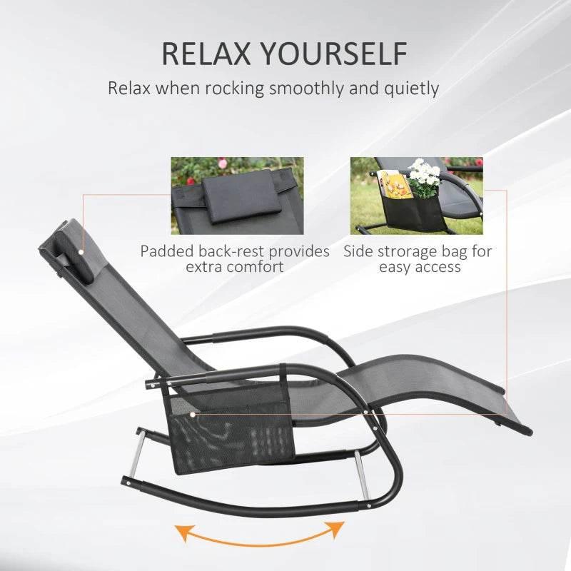 Outsunny 2PCs Outdoor Garden Rocking Chair - Patio Sun Lounger Rocker Chair with Breathable Mesh Fabric, Removable Headrest Pillow, Armrest, Side Storage Bag, Black | Relaxing Seating for Outdoor Living Spaces - ALL4U RETAILER LTD