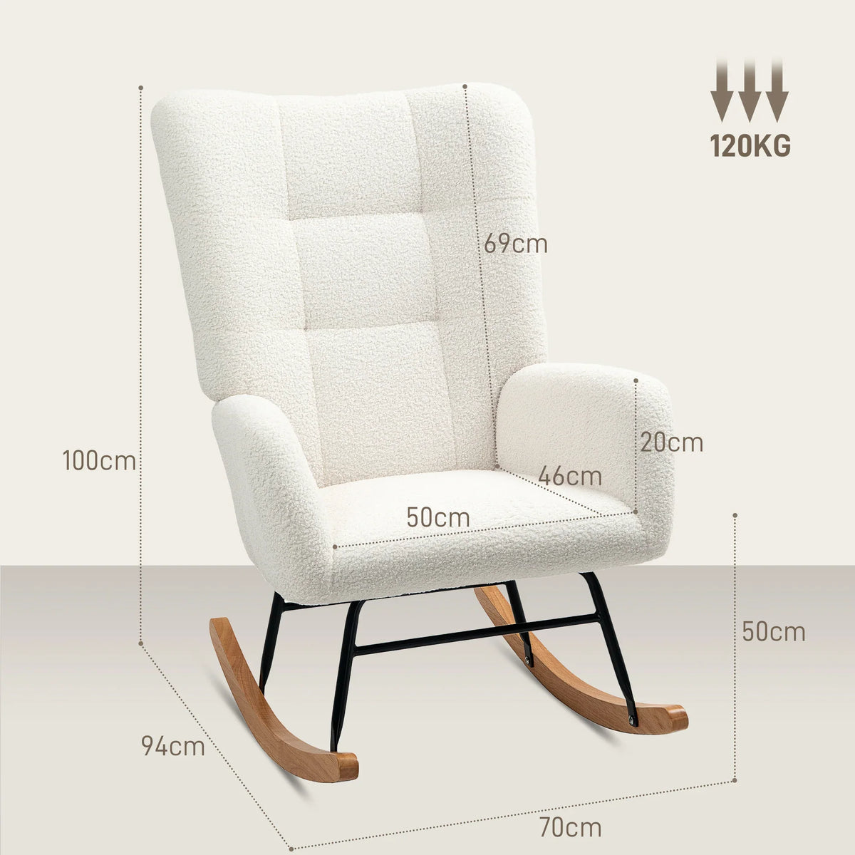 Cream teddy fleece rocking chair, wide seat and slanted back, curved wooden base