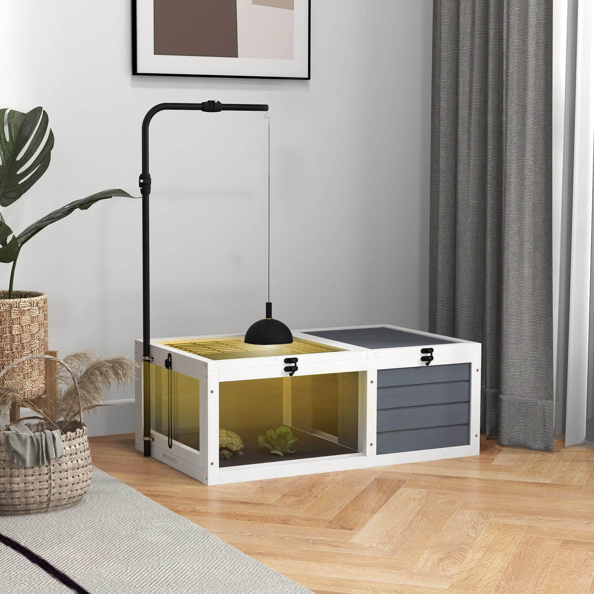 Grey tortoise habitat with hinged top and front pull-out trays