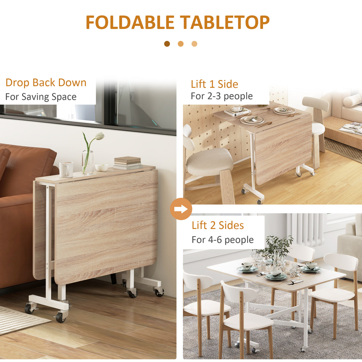 Drop-leaf dining table with lift-and-fold top sections on white base
