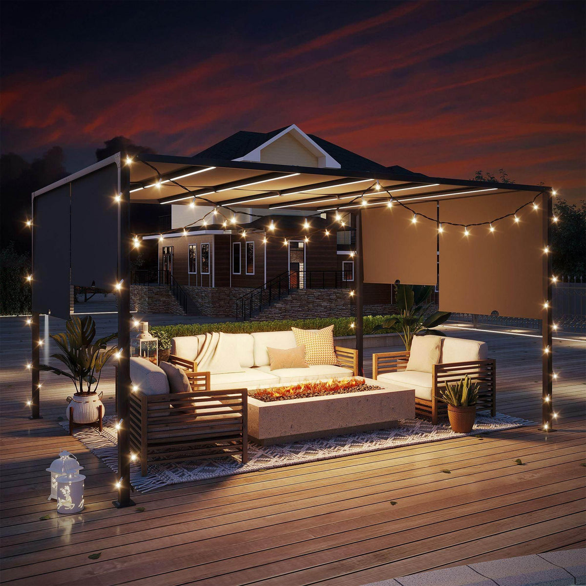 Grey outdoor pergola with retractable roof and warm LED string lights over seating
