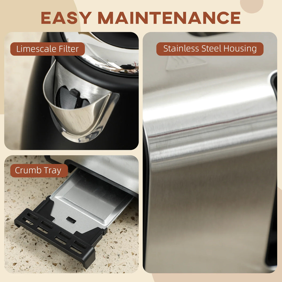 Kettle and toaster maintenance view: limescale filter and crumb tray shown