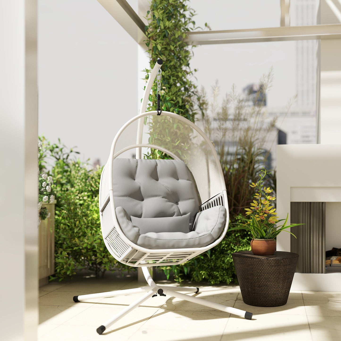Outsunny Hanging Egg Chair With Cushion Light Grey Outdoor Patio Lounge Chair With Powder Coated Steel Frame