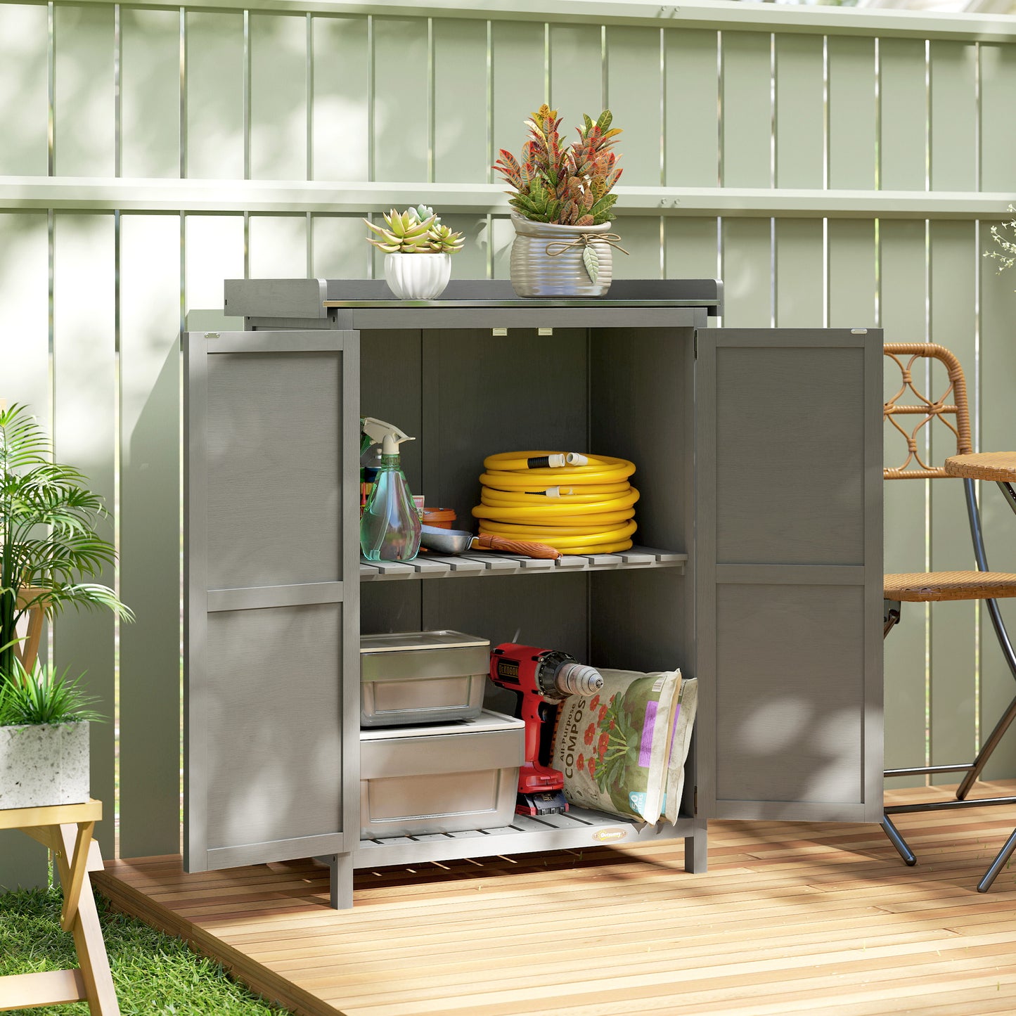 Outsunny Wooden Garden Shed With Potting Table And Shelving For Tool Storage Side Hooks 71.5 x 39 x 95 cm Grey