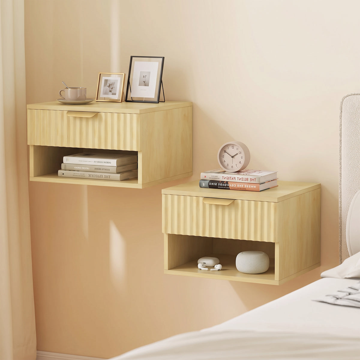 Oak floating nightstand set, fluted drawer front, open shelf, wall-mounted