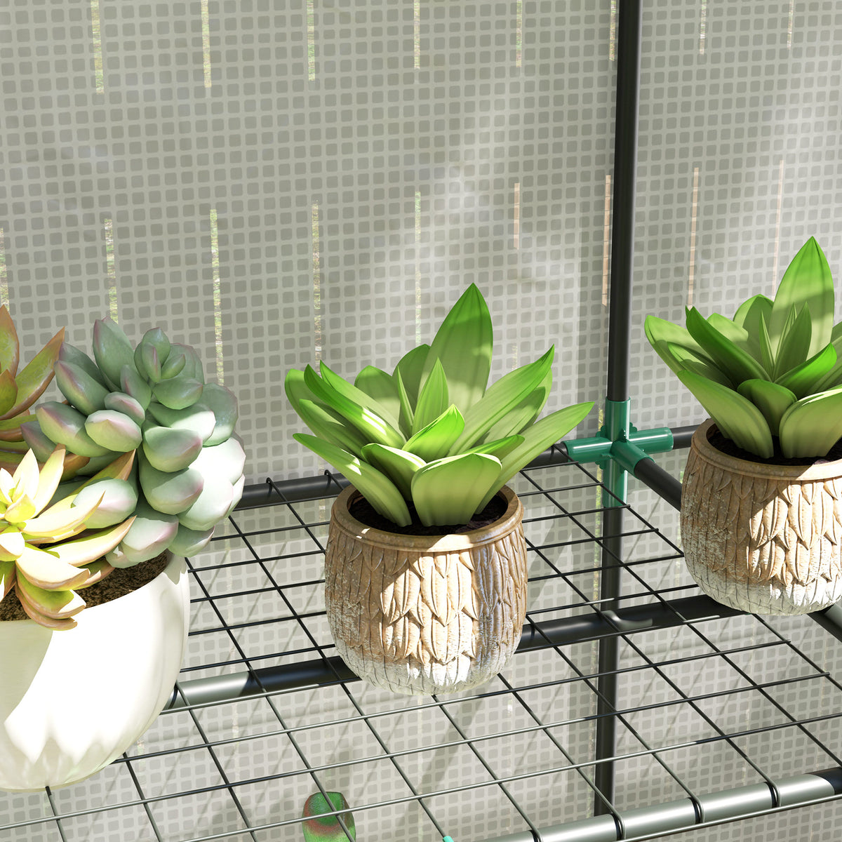 White three-tier mini greenhouse wire shelf with potted succulents on black grid