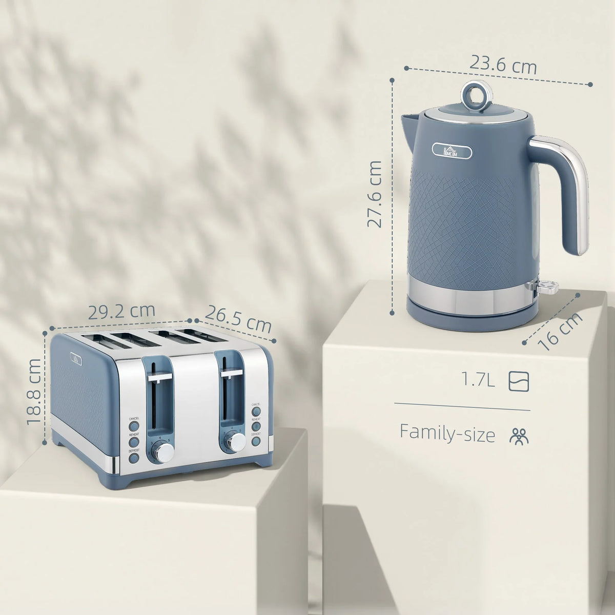Blue textured kettle and 4-slice toaster on a box with size markings