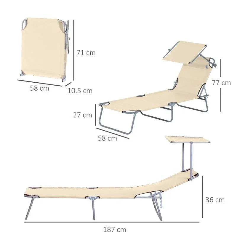 Beige foldable sun lounger chair with measured dimensions and multi-position backrest
