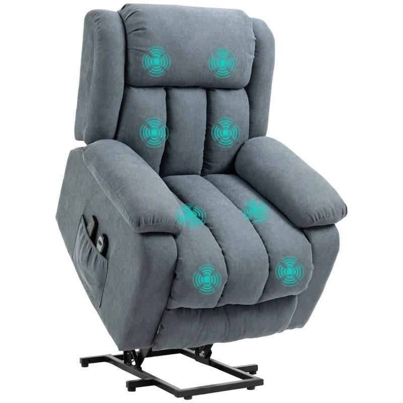 Dark grey fabric lift recliner chair with glowing vibration massage points