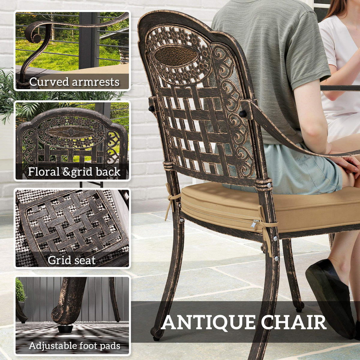 Bronze cast aluminum armchair with curved arms, floral & grid back, adjustable foot pads