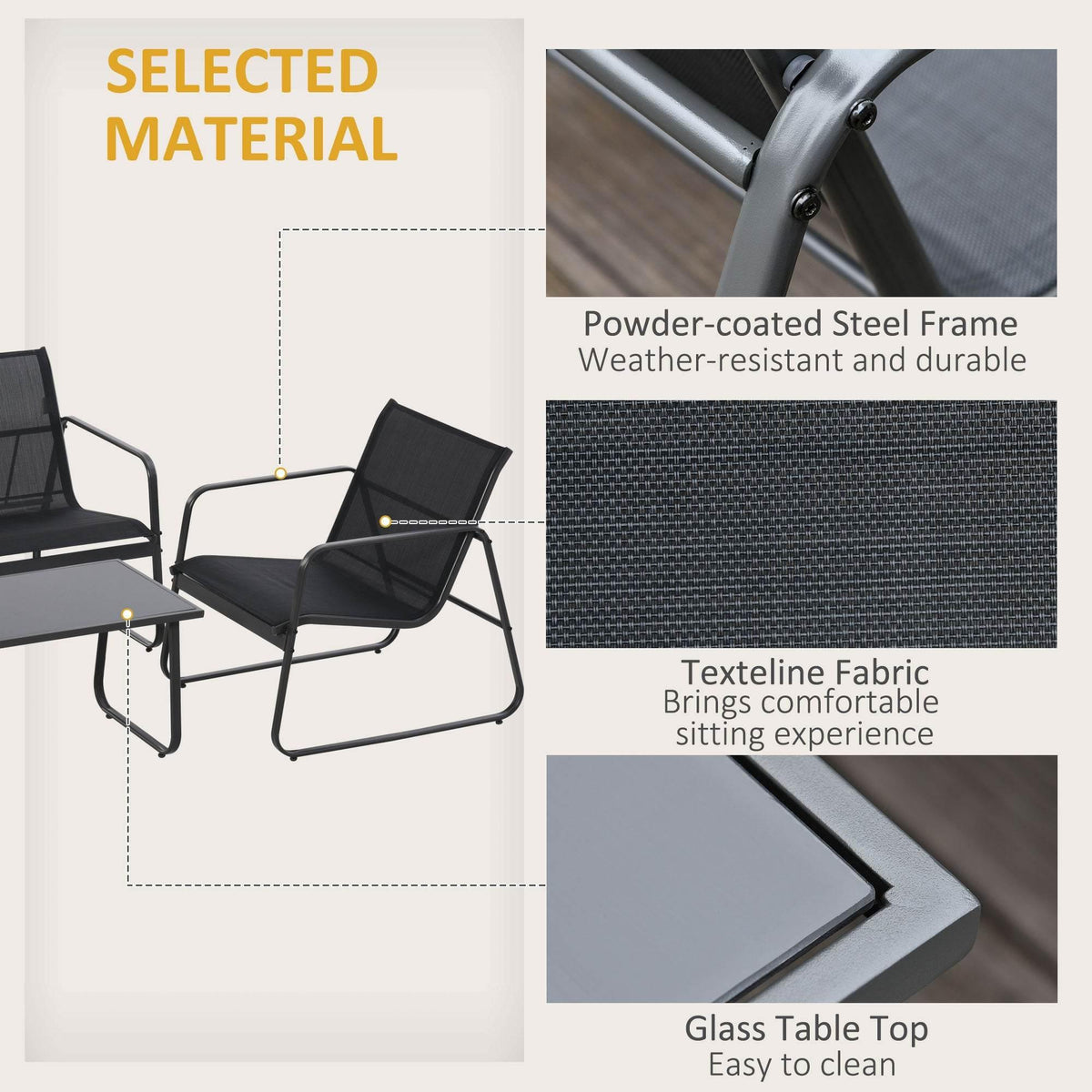 Outdoor seating with powder-coated steel frame, textilene fabric, and glass table top