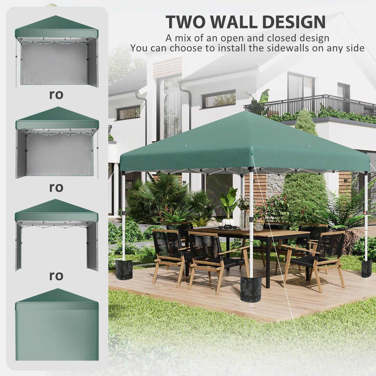 Green pop-up gazebo tent with gray sidewall panels and open front entry
