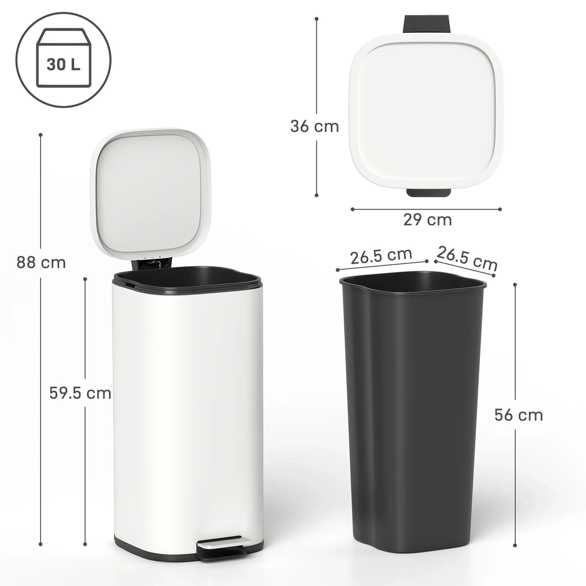 White 30L kitchen pedal bin with rounded lid and removable inner bucket, black base