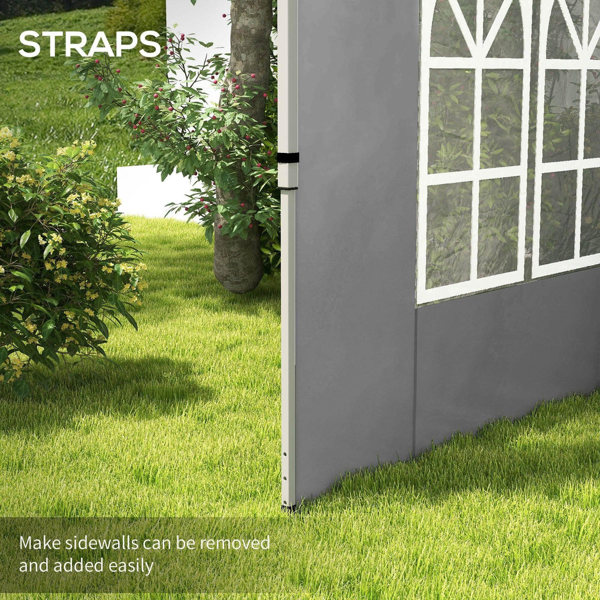 Grey side panel with black fabric strap for attaching to a pop-up gazebo