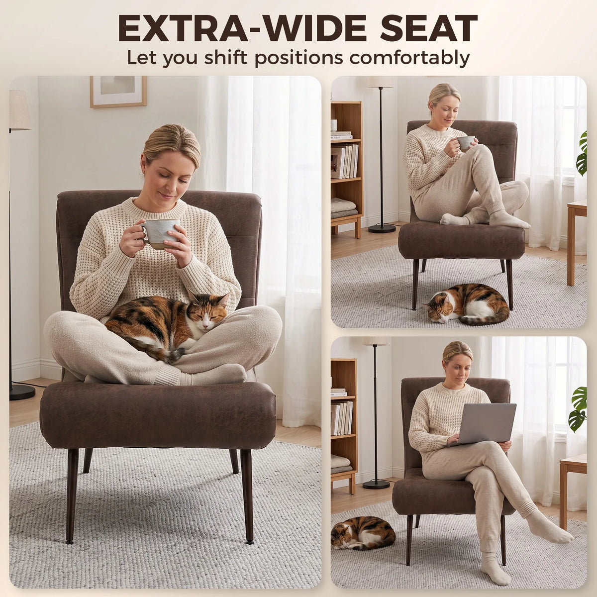 Wide cushioned lounge chair with padded back and footstool, curved armrests