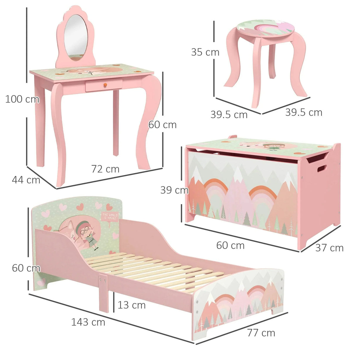 Pink kids furniture set diagram: bed, dressing table, and toy chest with dimensions.