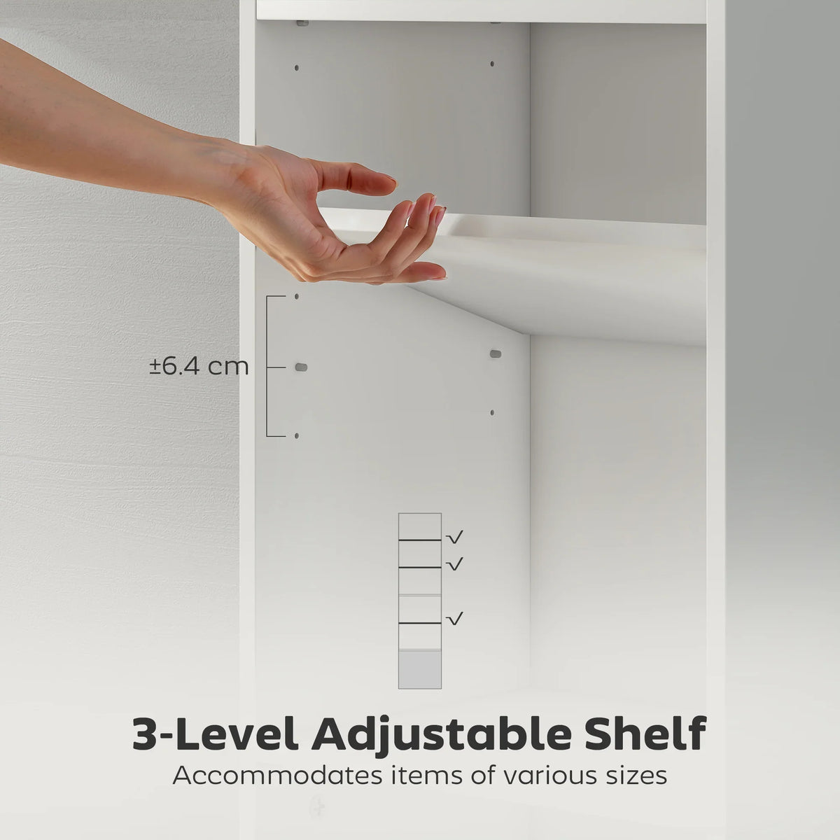 Adjustable shelf interior with multiple levels and mounting holes