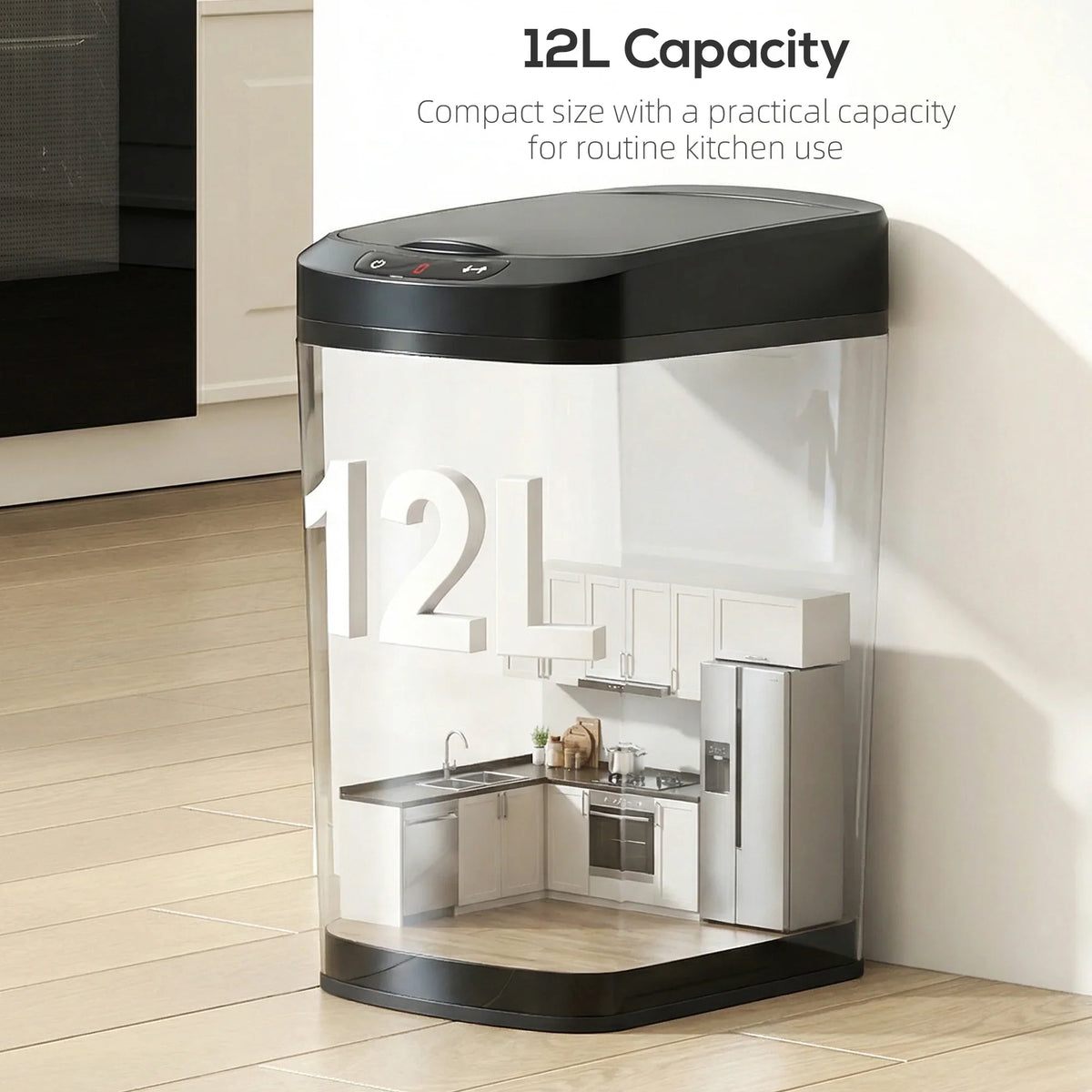 Black 12L capacity kitchen trash can with domed lid and control panel on top