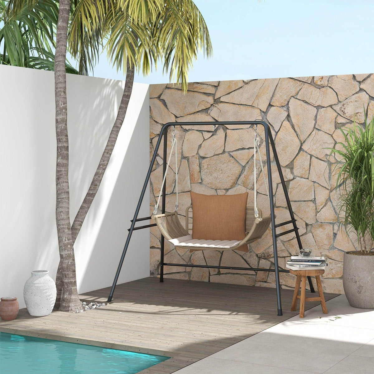 Black metal hammock chair stand with rectangular frame and side support legs