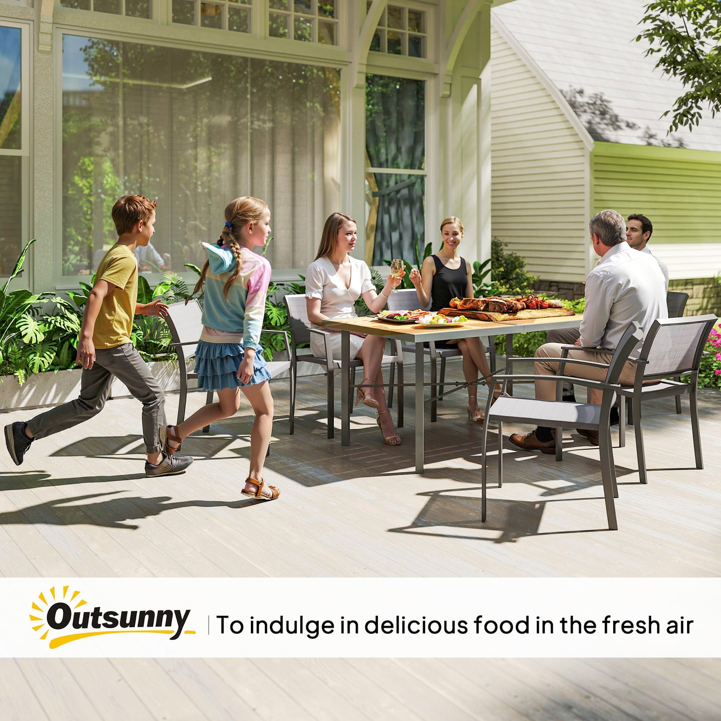 Outsunny 6 Seater Outdoor Dining Table 150 cm With Wood Effect Top Umbrella Hole Rust Resistant Frame Wood Finish
