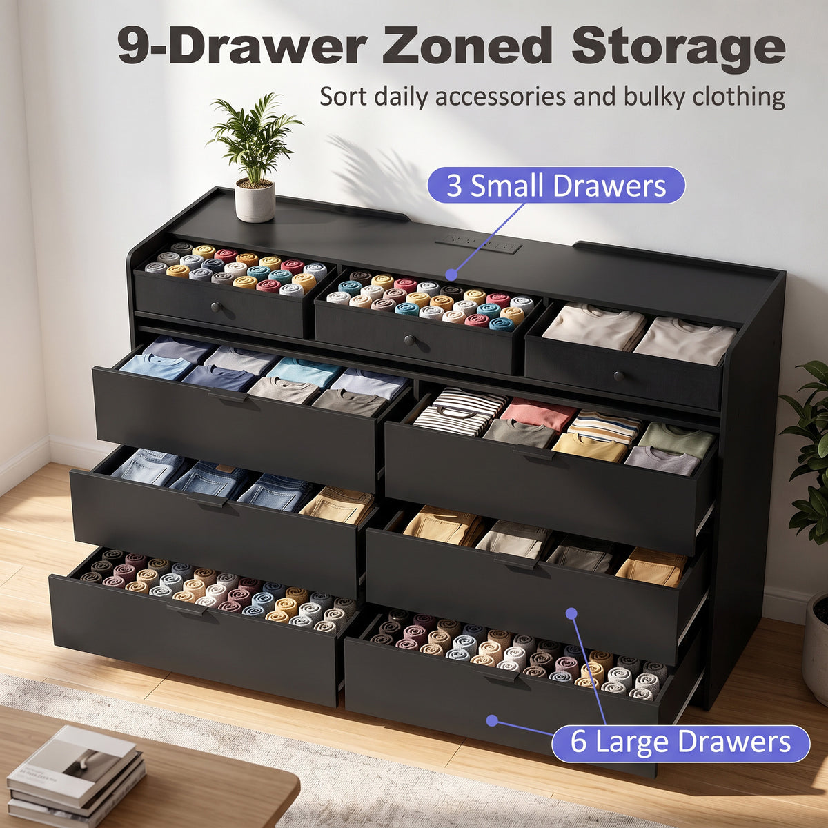 Black TV stand chest with 9 open drawers for organized storage