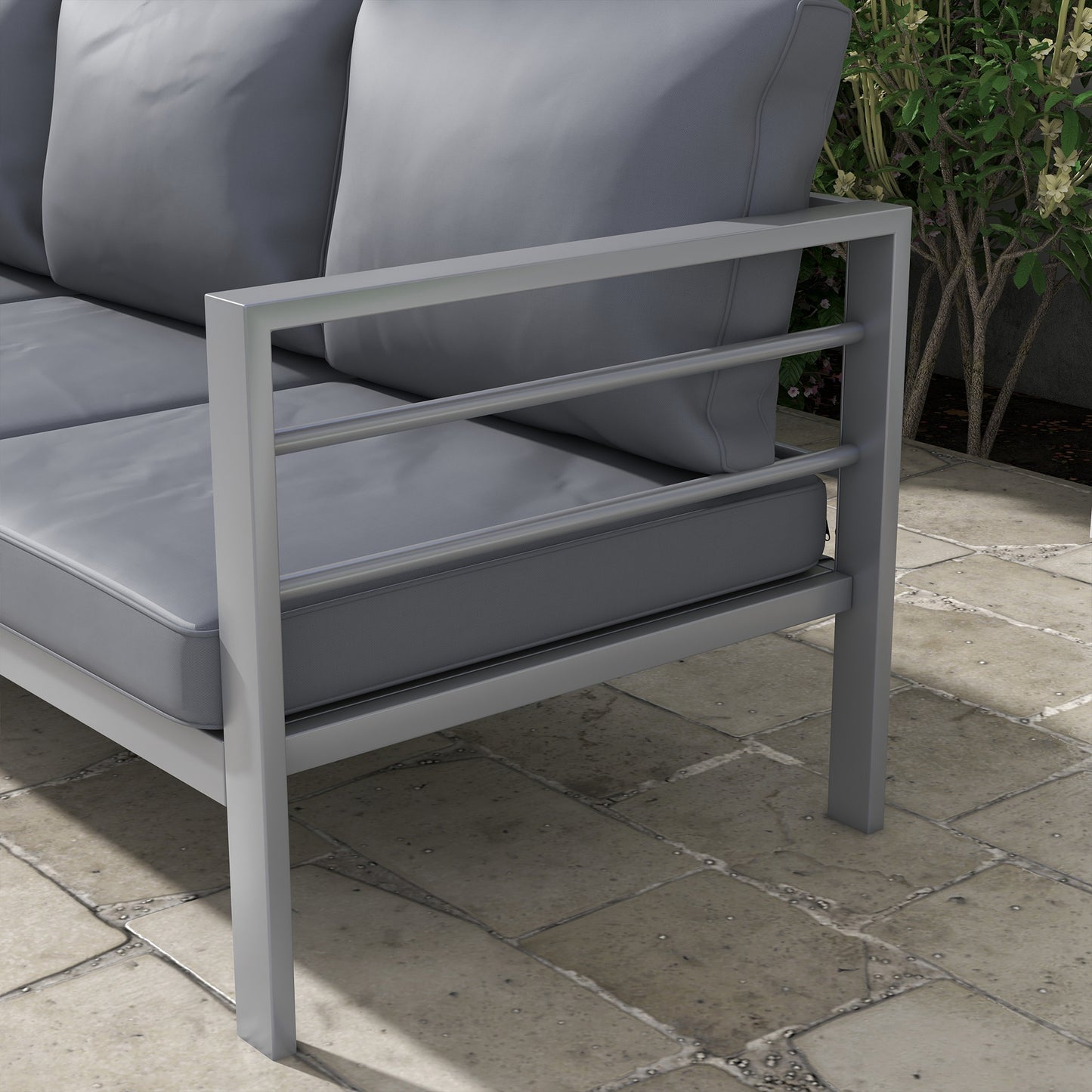 Outsunny Aluminium Three-Seater Garden Bench With Cushions In Grey For Durable Outdoor Seating And Relaxation